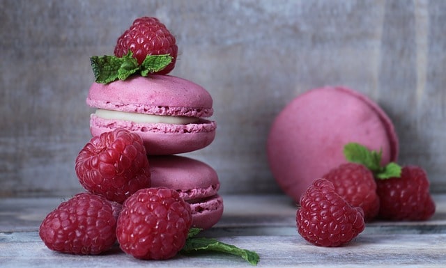 Macaroons and raspberries illustrating the importance of clear communication in Food Translation Services.