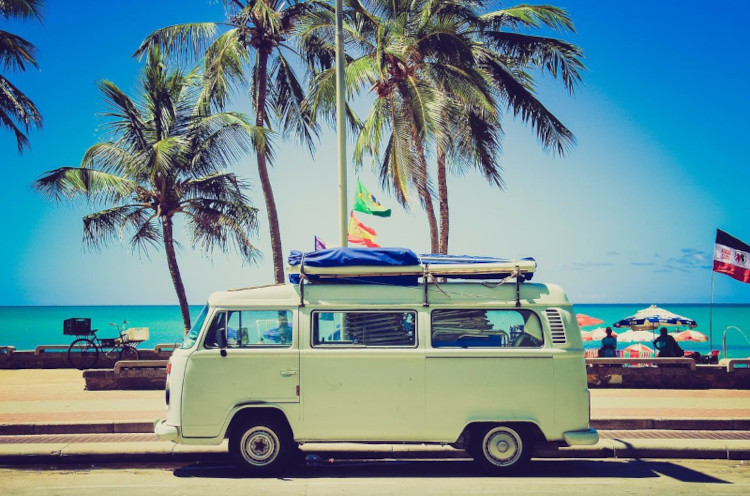 Campervan in front of a palm tree, representing our Tourism Translation Services.