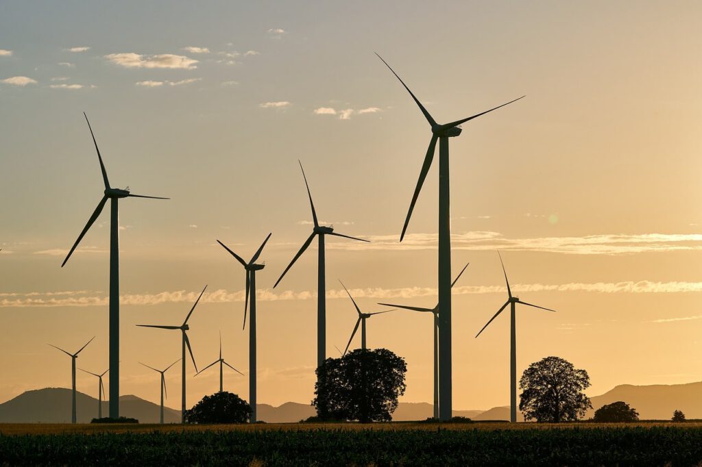 Éoliennes dans un champ, illustrant notre expertise dans les services de traduction en matière d'énergies renouvelables.